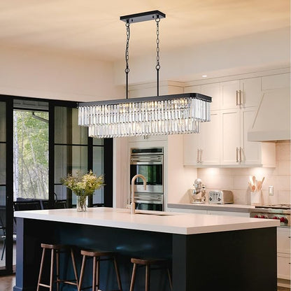 L40” Large Modern Rectangular Chandeliers 12 Lights Luxury K9 Crystal Ceiling Pendant Light Fixture Modern Black Long Chandelier for Kitchen Island Dining Room Living Room Bar