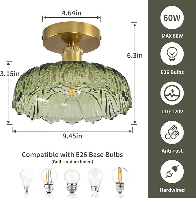 Semi Flush Mount Ceiling Light Mid Century Modern Floral Green Glass Shade, Close to Ceiling Lighting Fixtures for Bedroom, Bathroom, Kitchen, Closet Laundry Room, Foyer and Hallway 9.45 in