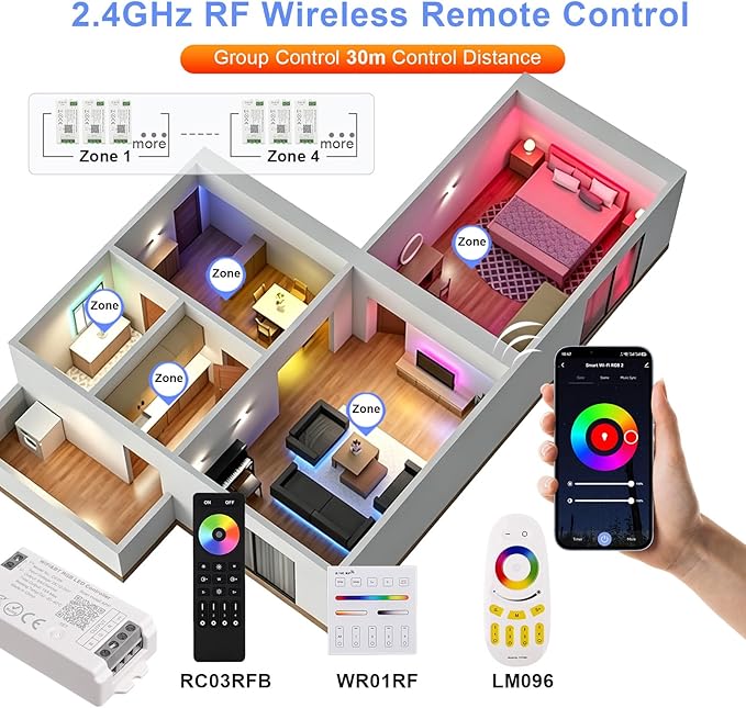 C04W RGBW LED Controller, Tuya WiFi 2.4G RF, 5Pin PWM for SMD FCOB Strip, APP & Voice Control, Compatible with Alexa Google Home, Compatible with WR01RF RC03RFB RC04RFB RC05RFB Remote