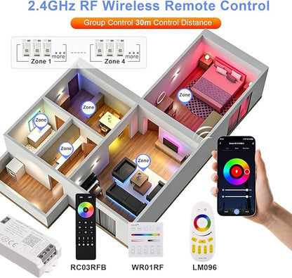 C04W RGBW LED Controller, Tuya WiFi 2.4G RF, 5Pin PWM for SMD FCOB Strip, APP & Voice Control, Compatible with Alexa Google Home, Compatible with WR01RF RC03RFB RC04RFB RC05RFB Remote