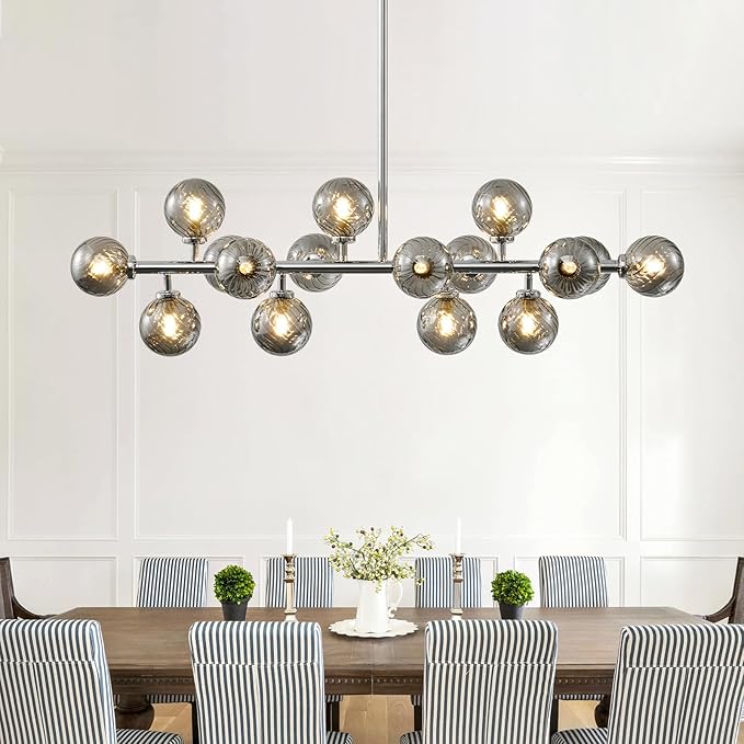 16-Light Mid Century Modern Chandelier: 39.4" Long Linear Chrome Sputnik Chandeliers - Smoke Grey Glass Globe Dining Room Light Fixture - Silver Adjustable Chandelier for Living Room Kitchen Island