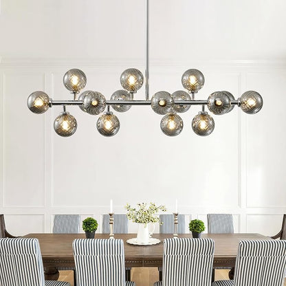 16-Light Mid Century Modern Chandelier: 39.4" Long Linear Chrome Sputnik Chandeliers - Smoke Grey Glass Globe Dining Room Light Fixture - Silver Adjustable Chandelier for Living Room Kitchen Island