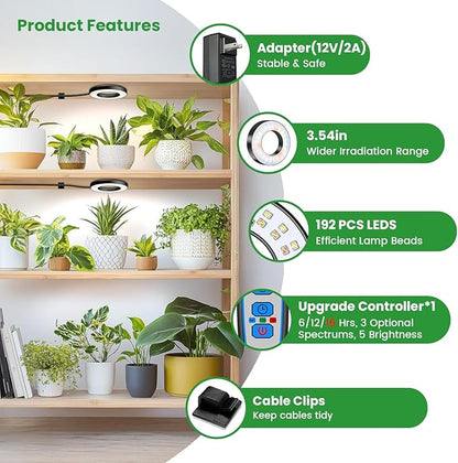 Wiaxulay Grow Lights for Indoor Plants, 192 LED Full Spectrum Plant Lights for Indoor Growing, 12V/2A Under Cabinet Grow Lamp with Auto Timer 6/12/16 Hrs, 3 Lighting Mode, 5 Brightness, Four Head
