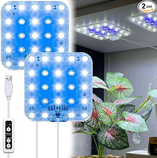 Full Spectrum LED Grow Light for Indoor Plants, 2 Panels 10W with 6/12/16h Timer Dimmable Plant Lights for Flower Veg Plant Growth USB, Bluish White, 2-Pack