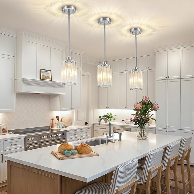 3 Pack Brushed Nickel Pendant Lights Kitchen Island, Modern Crystal Chandelier Kitchen Pendant Lighting Over Island, Adjustable Hanging Mini Light Fixtures for Dining Room Hallway Corridor Bedroom