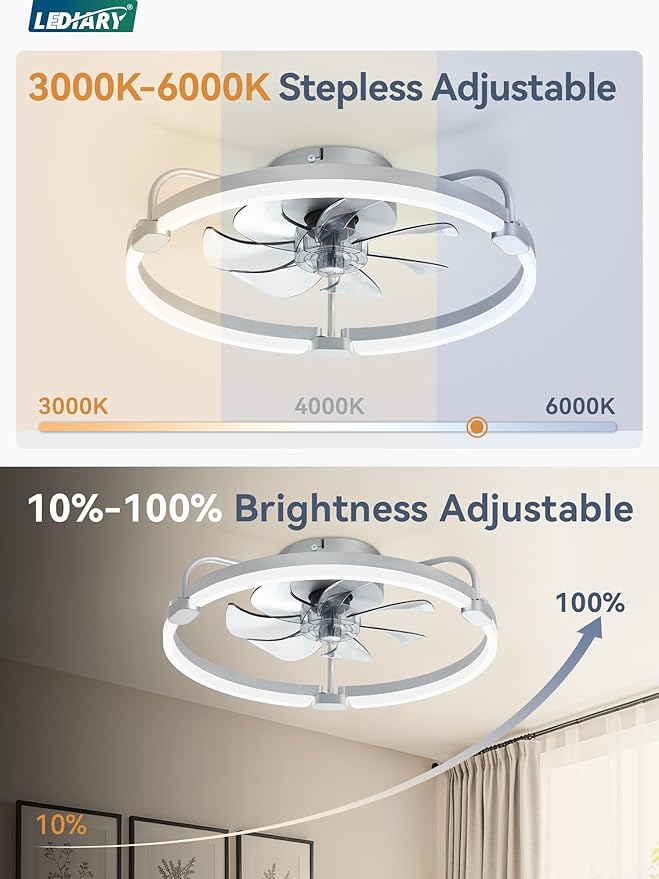 LEDIARY 2 Pack Ceiling Fans with Lights and Remote, 20'' Low Profile Ceiling Fan with Light, 3000-6000K Dimmable Fandelier LED Fan Light, 6 Wind Speeds, Grey Flush Mount Ceiling Fan for Bedroom