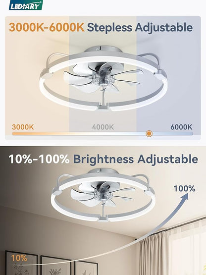 LEDIARY Ceiling Fans with Lights and Remote, 20'' Low Profile Ceiling Fan with Light, 3000-6000K Dimmable Fandelier LED Fan Light, 6 Wind Speeds, Grey Modern Flush Mount Ceiling Fan for Bedroom