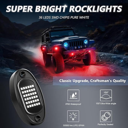 Rock Lights Ultra Bright LED Neon Underglow Lights Waterproof for Trucks Pickup SUV UTV ATV RZR Car Boats Motorcycle (Red, 4 Pods)