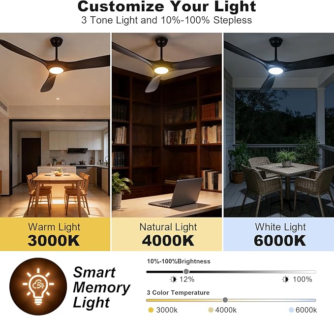 52 Inch Ceiling Fans with Lights and Remote, Wood Outdoor Ceiling Fan with 6 Speed Noiseless DC Motor, Indoor Modern 3 Blade Propeller Ceiling Fan for Bedroom Living Room Gazebo Patio (Black)