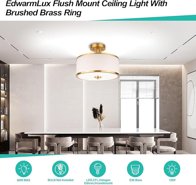 Edwarmlux 3-Light Semi Flush Mount Ceiling Light Fixture, 12.6" Gold Drum Light with White Fabric Shade, Modern Close to Ceiling Light for Living Room Bedroom Dining Room Kitchen Hallway Entry Foyer