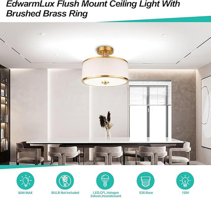 Edwarmlux 3-Light Semi Flush Mount Ceiling Light Fixture, 12.6" Gold Drum Light with White Fabric Shade, Modern Close to Ceiling Light for Living Room Bedroom Dining Room Kitchen Hallway Entry Foyer