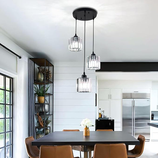 Crystal Pendant Lights Round Ceiling,Modern Crystal Chandeliers Hanging Light Fixture for Kitchen Island,Adjustable Chandelier for Dining Room,Foyer,Living Room Entryway Black 3 Lights