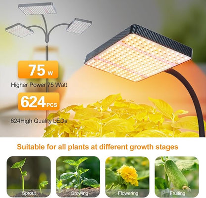 FECiDA 2026 3Head Grow Lights with Upgraded Stand, Big Coverage Grow Lights for Indoor Large Plants, Bonsai Tree, 4/8/12/16/20 Hr Timer, 75 Watt Power Draw, NO Need Adapter, 24"-76" Height Adjustable