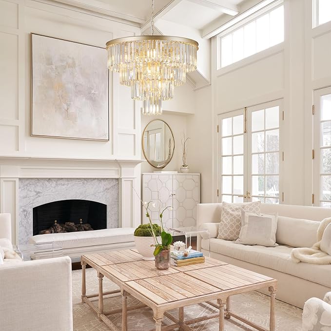 Modern Crystal Chandeliers Luxury Gold 24" Round Chandelier 12 Lights Ceiling Pendant Light Fixture 4-Tier K9 Crystal Lighting for Living Room Dining Room Staircase Foyer