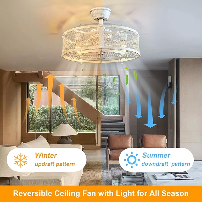 Depuley Outdoor Ceiling Fan with Light: 20" Caged Ceiling Fans with Remote Control for Patio Kitchen Bedroom - Farmhouse Fandelier Flush Mount Lights Fixture Reversible 6 Speed Timer Cement