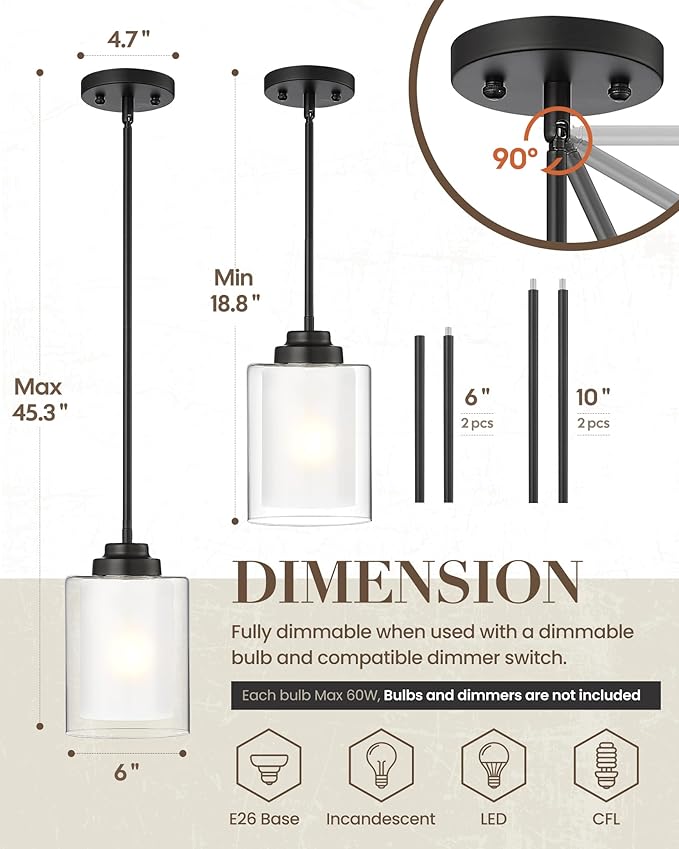 TENGXIN Modern Pendant Light,6-in Matte Black Pendant Lights Kitchen Island,Farmhouse Pendant Lighting for Dining Room Bedroom Bar Office 2Pack,TXPLBK02-2PK-L