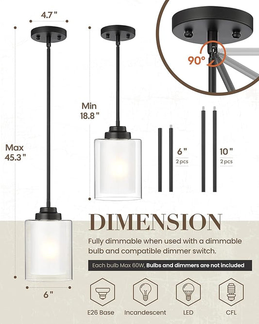 TENGXIN Modern Pendant Light,6-in Matte Black Pendant Lights Kitchen Island,Farmhouse Pendant Lighting for Dining Room Bedroom Bar Office 2Pack,TXPLBK02-2PK-L
