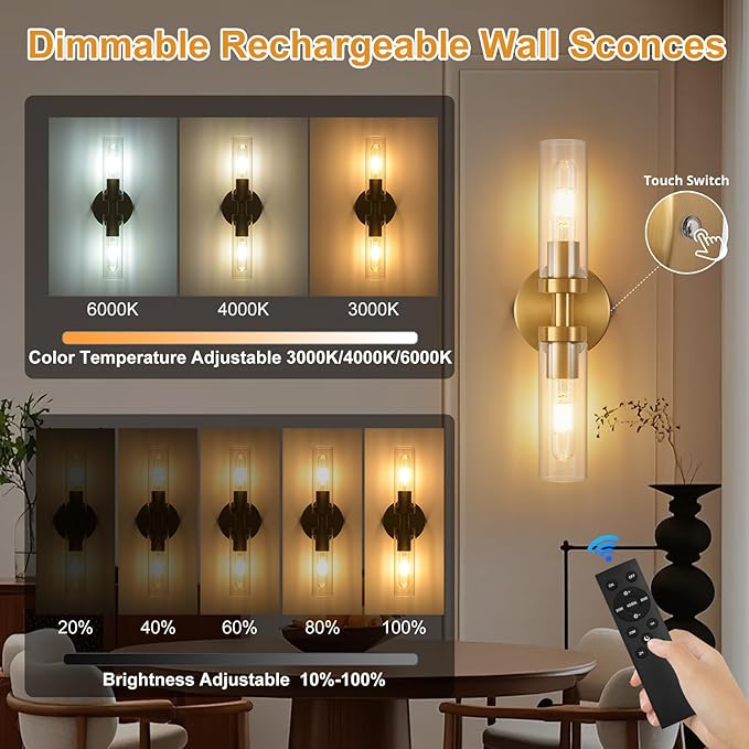 Battery Operated Wall Sconces Set of 2, 330° Rotation 3000K-6000K Dimmable Wireless Wall Sconce with Clear Glass Gold 10400mAh USB Rechargeable Wall Lights with Remote Bulbs Included 2 Pack