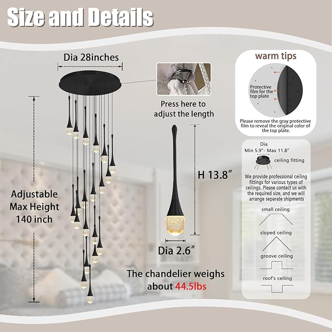 ykolupty 138'' Modern Chandelier,20-Lights Black Modern Pendant Light Fixture Staircase Large Chandelier Lobby Living Room Bedroom Foyer High Ceiling Chandelier
