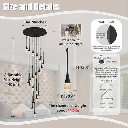 ykolupty 138'' Modern Chandelier,20-Lights Black Modern Pendant Light Fixture Staircase Large Chandelier Lobby Living Room Bedroom Foyer High Ceiling Chandelier