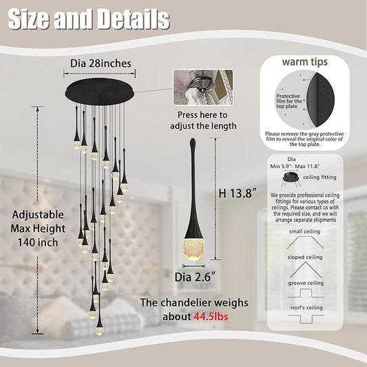 ykolupty 138'' Modern Chandelier,20-Lights Black Modern Pendant Light Fixture Staircase Large Chandelier Lobby Living Room Bedroom Foyer High Ceiling Chandelier