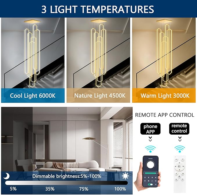 6 Rings Large Chandelier for Staircase Modern High Ceiling Chandelier LED Dimmable Chandeliers for Foyer Staircase Foyer Enterway Living Room Villa Gold