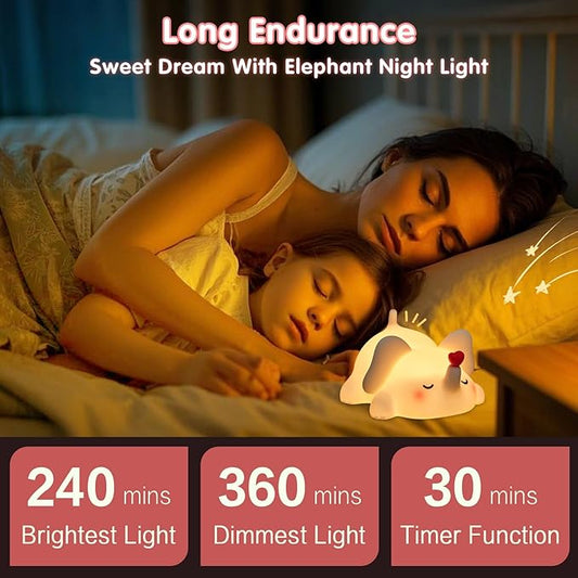 YR YRHH-PET Sweet Heart Elephant Night Light, LED Squishy Novelty Animal Cute Lamp, Food Grade Silicone Nightlight, Dimmable Light Up Elephant Decor for Room College, Boys Girls White Elephant Gifts