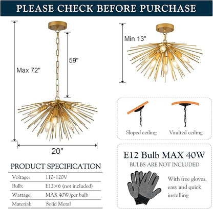 Gold Sputnik Ceiling Light, 6-Light Starburst Chandelier Ceiling Lights Mid Century Modern Satellite Flush Mount Light Solid Metal for Entry Kitchen Sink Dining Room