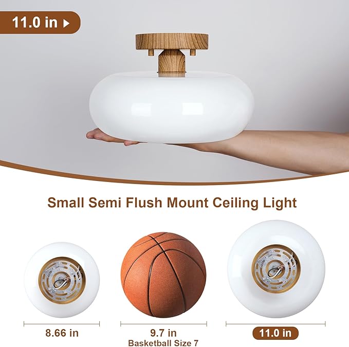 WOKNOS Mid-Century Modern Semi Flush Mount Ceiling Light, Faux Wood Kitchen Ceiling Light Fixture with Glass Shade, Mini White Close to Ceiling Lamp for Entryway Hallway Bathroom (11.0 Inch)