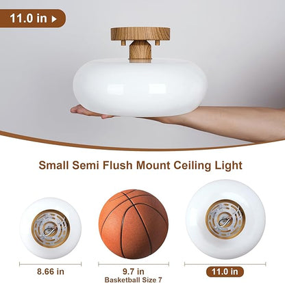 WOKNOS Mid-Century Modern Semi Flush Mount Ceiling Light, Faux Wood Kitchen Ceiling Light Fixture with Glass Shade, Mini White Close to Ceiling Lamp for Entryway Hallway Bathroom (11.0 Inch)