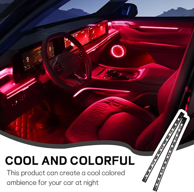 Car LED Strip Light, 12V 24 LED Interior Atmosphere Lights Under Dash Ambient Night Light, Auto Interior Decorative Lamp with Cigarette Adapter Plug, Car Accessories (Red, Cigarette Lighter)