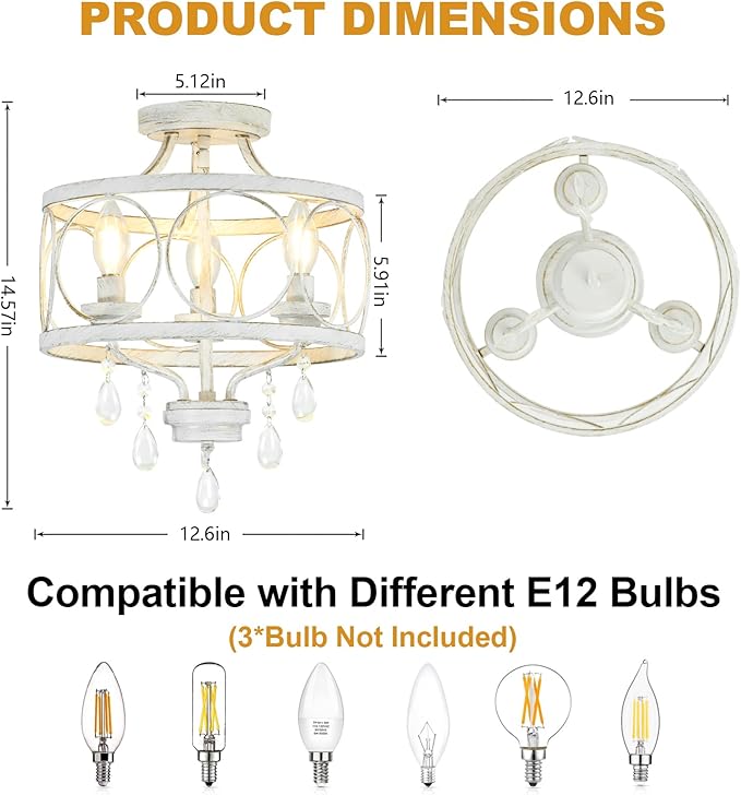 3-Light Modern White Crystal Chandelier, Farmhouse Ceiling Light Fixture, Hanging Metal Pendant Lights Kitchen Island Dining Room Entryway Foyer