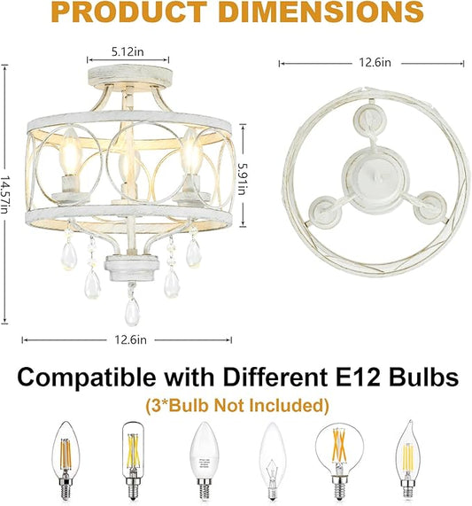 3-Light Modern White Crystal Chandelier, Farmhouse Ceiling Light Fixture, Hanging Metal Pendant Lights Kitchen Island Dining Room Entryway Foyer