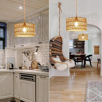 Maliralt Hanging Lamps Rattan Pendant Light Hanging Lights 16.4ft Plug in Cord Pendant Light Fixture Plug Into Wall Outlet Pendant Lighting with On Off Switch for Bedroom Living (Cylindrical Shade)