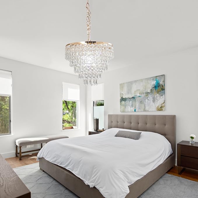 FRIXCHUR 11.8'' Crystal Chandelier Gold Crystal Ceiling Light Led Flush Mount Crystal Ceiling Pendant Light Metal LED Crystal Pendant Light for Bedroom Living Room Foyer