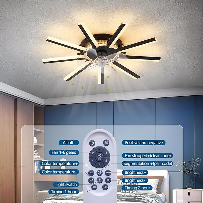 27" Black Straight Strip Ceiling Fan with Lights Remote Control, 3 Colors 6 Speeds Low Profile Ceiling Fan with Light for Kitchen Bedroom