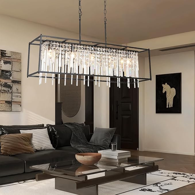 Modern Rectangle Black Crystal Chandeliers for Dining Room, 40" Rectangular Farmhouse Chandelier Top K9 Crystal Linear Light Fixture Lighting for Kitchen Island, Living Room L40xW12xH11