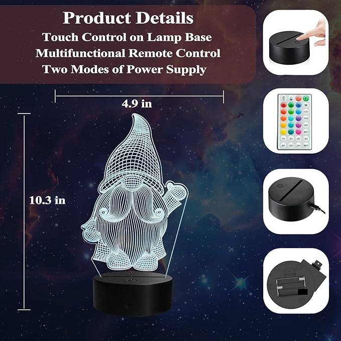 Gnome Night Light, Gnome Gifts, 3D Illusion Lamp with Remote Control, 16 RGB Colors, 4 Flashing Modes, Timer, Dimmable, Gnome Stuff for Decor for Holiday Birthday Christmas