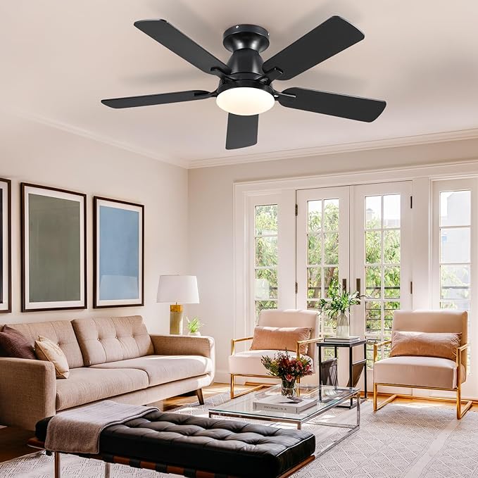 Mpayel 46 Inch Ceiling Fans with Lights and Remote, Black Ceiling Fan with Light Flush Mount, Low Noise, Reversible, Dimmable, Modern Low Profile Ceiling Fan with Light for Bedroom Indoor Outdoor