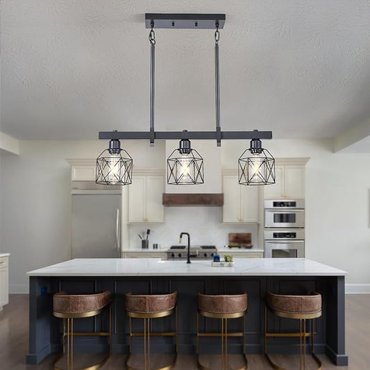3-Light Vintage Industrial Pendant Light Over Table, Adjustable Hanging Light with Matte Black Metal Frame, E26 Base Modern Rustic Chandelier for Kitchen Island