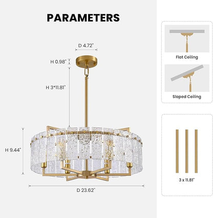 23.62" Gold Water Ripple Glass Chandeliers, 6-Light Modern Round Chandelier, Luxury Drum Chandelier Lighting Fixtures for Living Room Dining Room Kitchen Bedroom Foyer Hotel