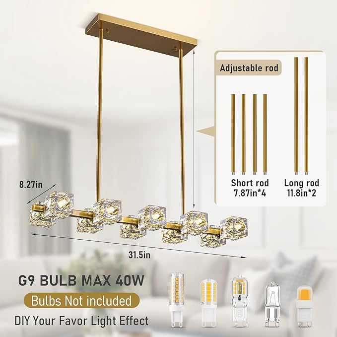 Modern Crystal Chandelier for Dining Room,Gold Pendant Lights Fixture with 10-Lights,Adjustable Height Hanging Ceiling Light for Kitchen Island,Bedroom,Over Table,Living Room