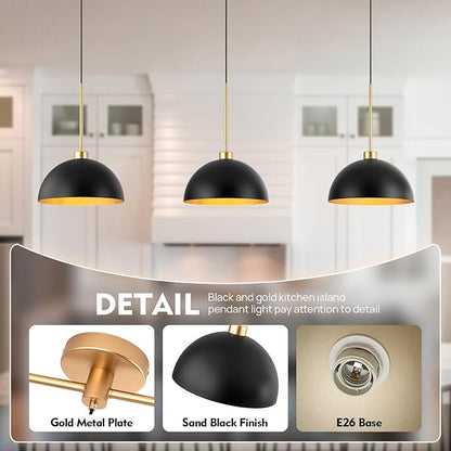 Farmhouse Pendant Lights, 3-Light Black and Gold Dome Pendant Light Fixtures,Industrial Kitchen Island Lighting for Dining Room Bar, E26 Base