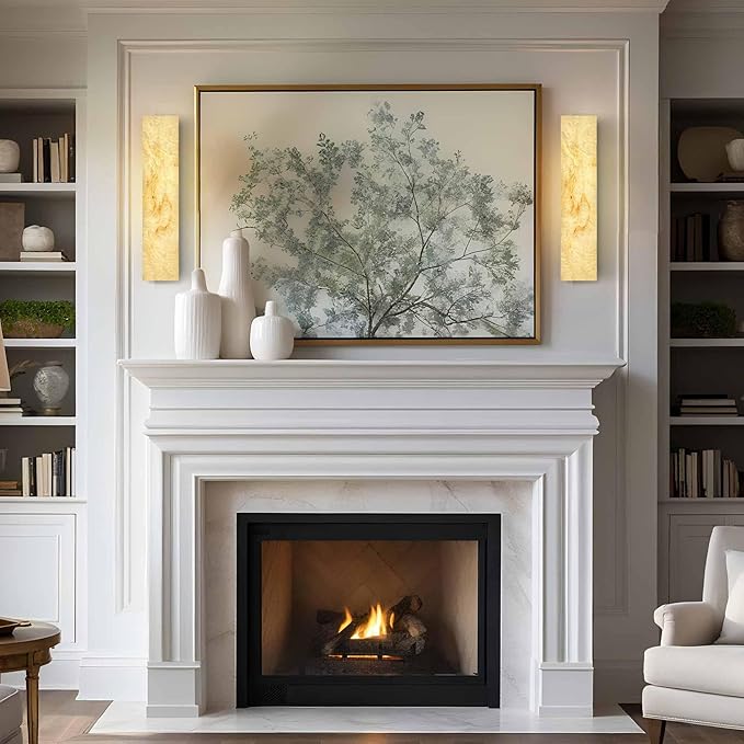 Alabaster Wall Sconces Natural Marble Bathroom Vanity Wall Light Fixture 21.7" Long Marble Wall Sconce Square Alabaster Stone Wall Mount Light Warm Light for Living Room Bedroom Hallway Stairs