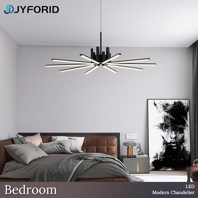 Black Modern Sputnik Chandelier with Remote Control, 56W 3-Color Temperature Dimmable LED Chandelier for Dining Room, Hanging Adjustable Pendant Light for Living Room Kitchen Foyer Entryway