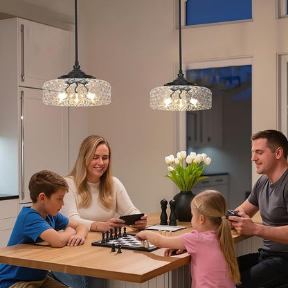 3-Light Adjustable Pendant Lights Kitchen Island, Black Pendant Light Fixture with 12" Clear Hammered Glass Shade, Modern Drop Light for Bathroom, Hallway, Convertible Ceiling Mount Or Hanging Fixture