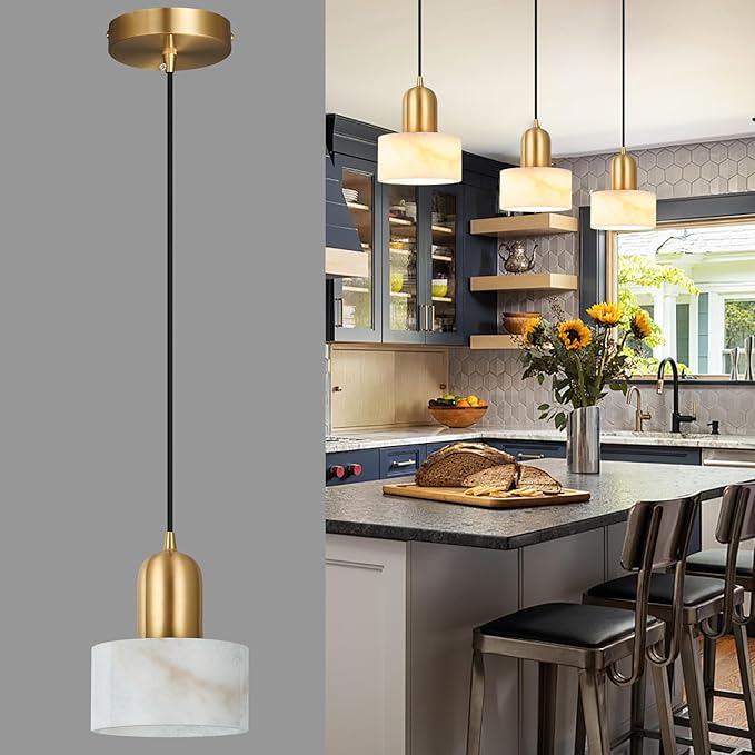 Natural Stone Pendant Lights Kitchen Island, White Pendant Light Fixtures, Pendant lamp Marble Cylinder Shade Copper, for Bedroom Bathroom Dining Room Living Room(1-Pack)