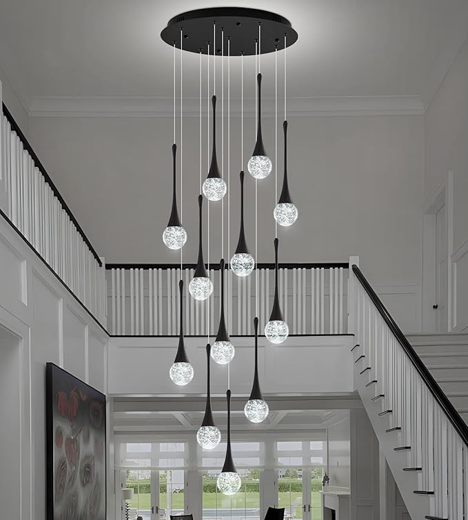 Modern Crystal Staircase Chandelier for High Ceilings, Glam LED Dimmable Pendant Light Living Room Entryway Foyer Chandelier Lighting Fixture Black 12-Lights