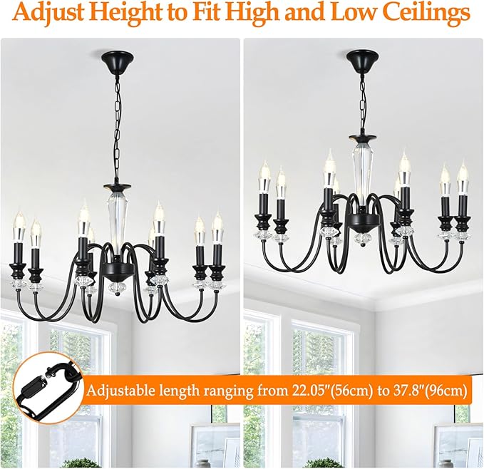 Black Chandelier, 8-Light Farmhouse Candle Chandelier for Living Room, Rustic Industrial Pendant Chandeliers for Dining Room, Vintage Crystal Hanging Light fixture for Hallway Kitchen Foyer E12