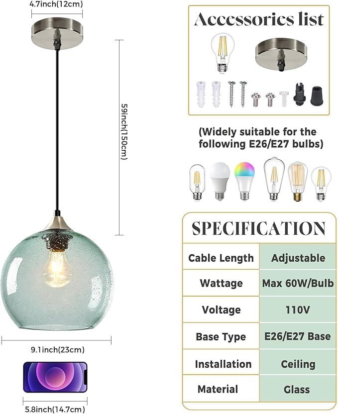 Large Light Green Glass Pendant Light for Kitchen Island, Includes 1 Bulb & 4.92FT Adjustable Cord, Modern Ceiling Pendant Lights for Kitchen, Dining Room, Living Room (9.1in)